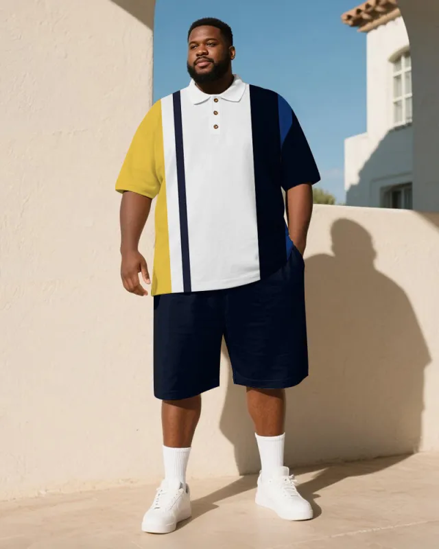 Big & Tall Men's Business Yellow Blue Stripe Print Short Sleeve Polo Shirt Shorts Suit sold by Biggmans
