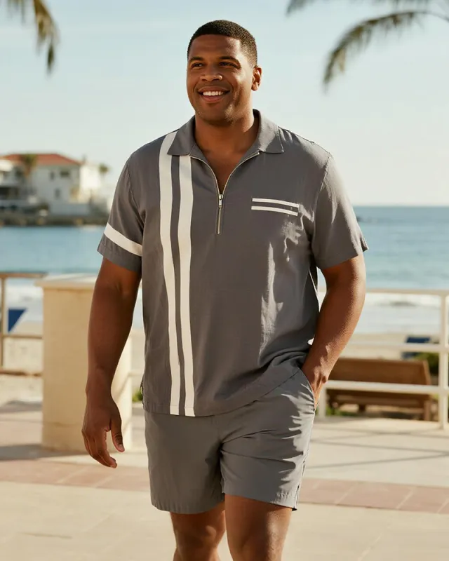Big & Tall Men's Business Grey Stripe Print Short Sleeve Zip Polo Shirt Shorts Suit sold by Biggmans