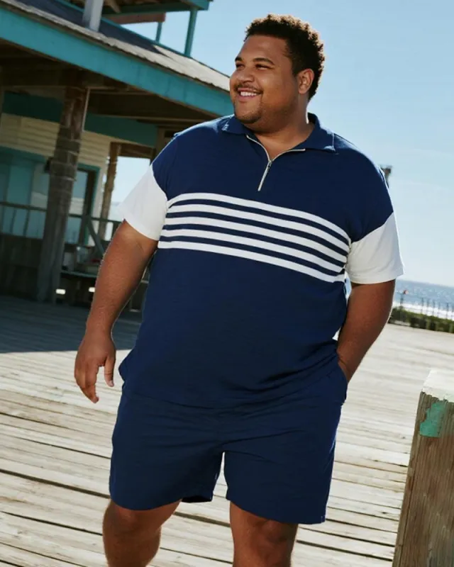 Big & Tall Men's Business Dark Blue Striped Print Short Sleeve Zip Polo Shirt Shorts Suit sold by Biggmans