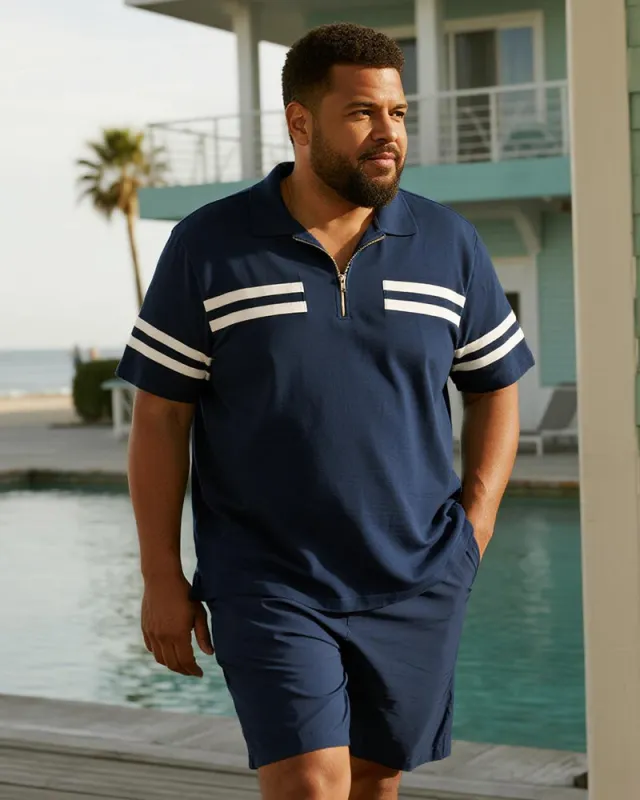 Big & Tall Men's Business Dark Blue Striped Print Short Sleeve Zip Polo Shirt Shorts Suit sold by Biggmans