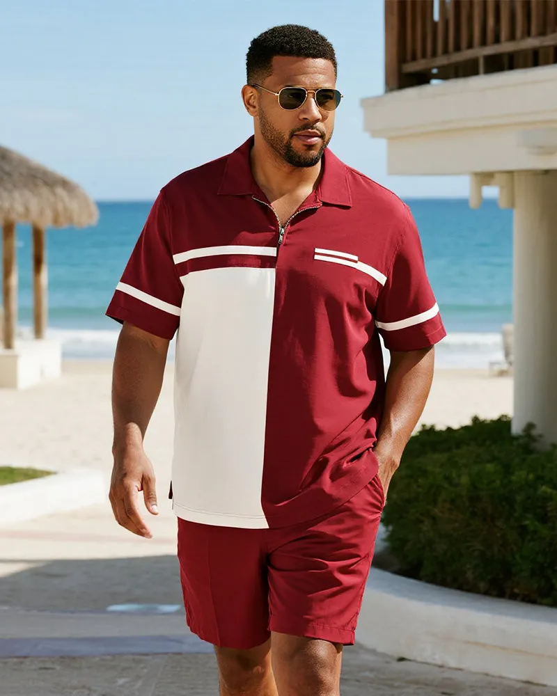 Big & Tall Men's Business Red Stripe Colorblock Printed Short Sleeve Zipper Polo Shirt Shorts Suit sold by Biggmans