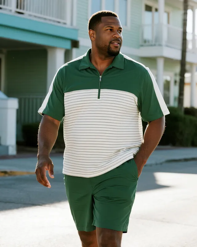 Big & Tall Men's Business Green Patchwork Stripe Printed Short Sleeve Zipper Polo Shirt Shorts Suit sold by Biggmans