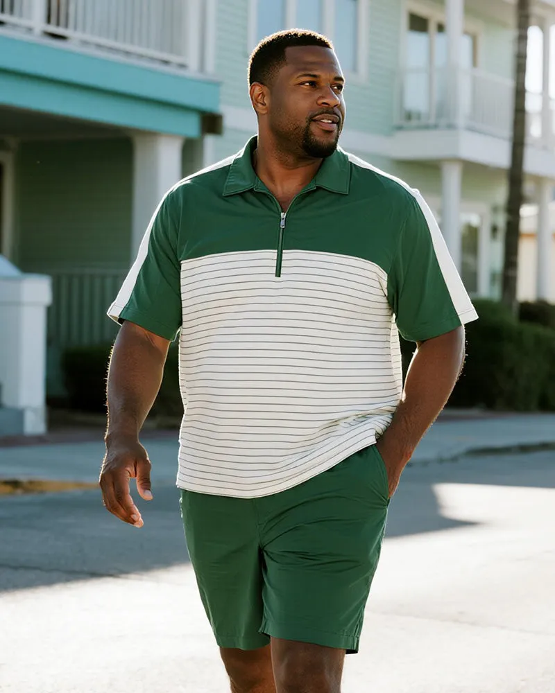 Big & Tall Men's Business Green Patchwork Stripe Printed Short Sleeve Zipper Polo Shirt Shorts Suit sold by Biggmans