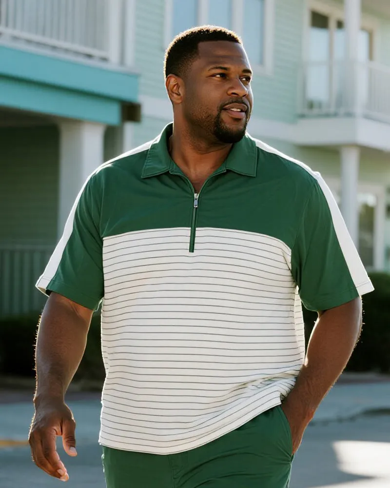 Big & Tall Men's Business Green Patchwork Stripe Printed Short Sleeve Zipper Polo Shirt Shorts Suit sold by Biggmans product image thumbnail 2