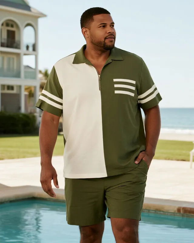 Big & Tall Men's Business Army Green Striped Print Short Sleeve Zip Polo Shirt Shorts Suit sold by Biggmans