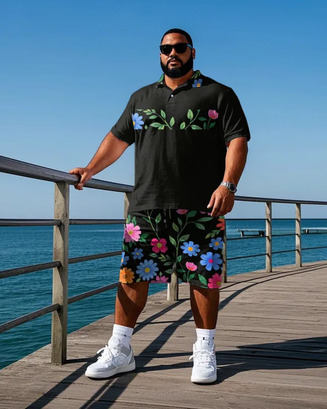 Men's Retro Fashion Stripe Colorful Flower Printed Big & Tall Short Sleeve Polo Shirt Shorts Set sold by Biggmans