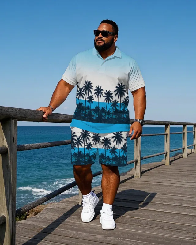 Men's Big & Tall Gradient Coconut Trees Printed Hawaiian Fashion Short Sleeve Polo Shirt Shorts Set sold by Biggmans