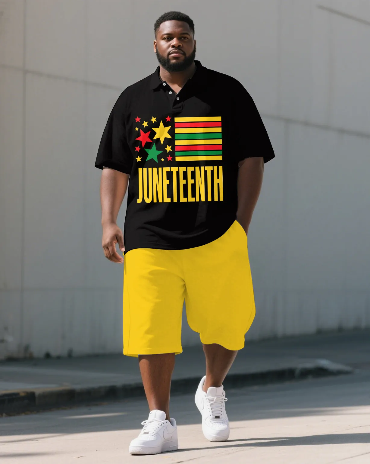 Men's Big & Tall Letter Stripe & Stars Juneteenth Theme Short Sleeve Polo Shirt Shorts Suit sold by Biggmans