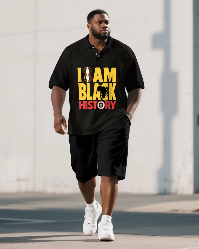 Big Men's BLACK HISTORY Letter Juneteenth Theme Short Sleeve Polo Shirt Shorts Suit sold by Biggmans