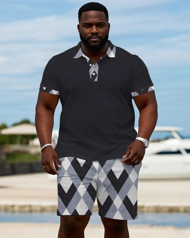 Men's Plus Size Royal Blue Diamond Pattern Signature Collar Short Sleeve Polo Shirt Shorts Suit sold by Biggmans