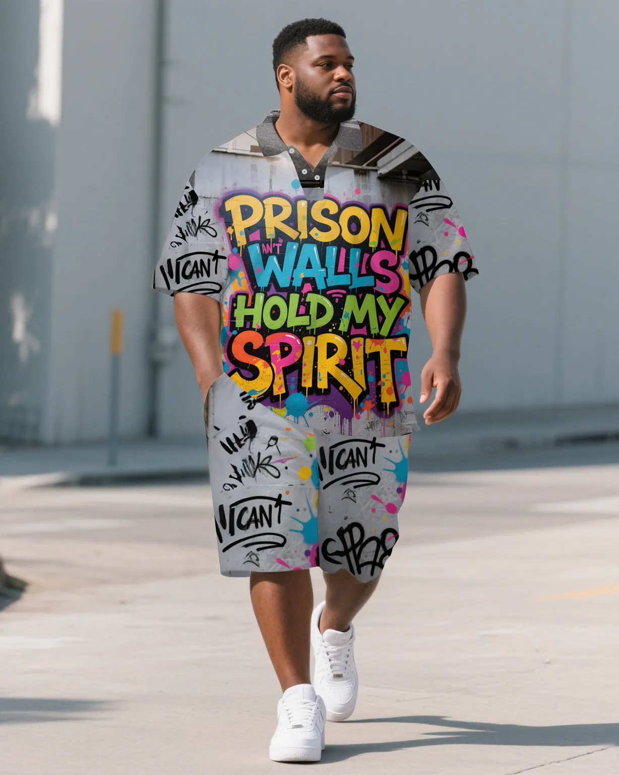 Big Men's PRISON WALL Colorful Lettering Streetwear Short Sleeve Polo Shirt Shorts 2-Piece Set sold by Biggmans