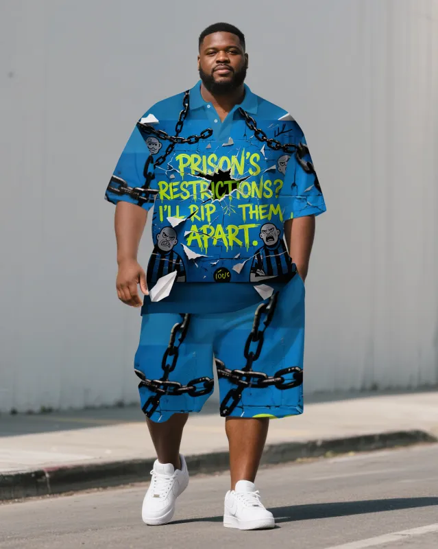 Big Men's Chain and Cartoon PRISON Lettering Loose Short-Sleeve Polo Shirt & Shorts Set sold by Biggmans