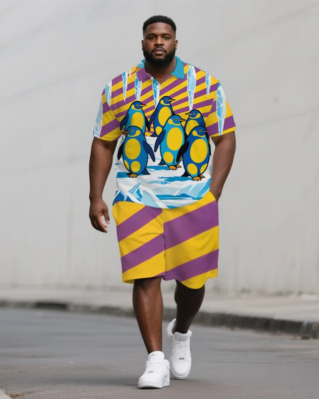 Big Men's Stripe Style Penguin Cartoon Printed Casual Short-Sleeve Polo Shirt & Shorts Set sold by Biggmans