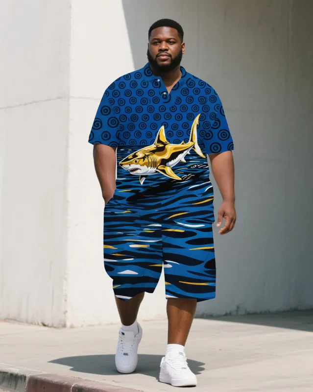 Big Guy's Artistic Shark Turbine Cartoon Printed Casual Short-Sleeve Polo Shirt & Shorts Set sold by Biggmans