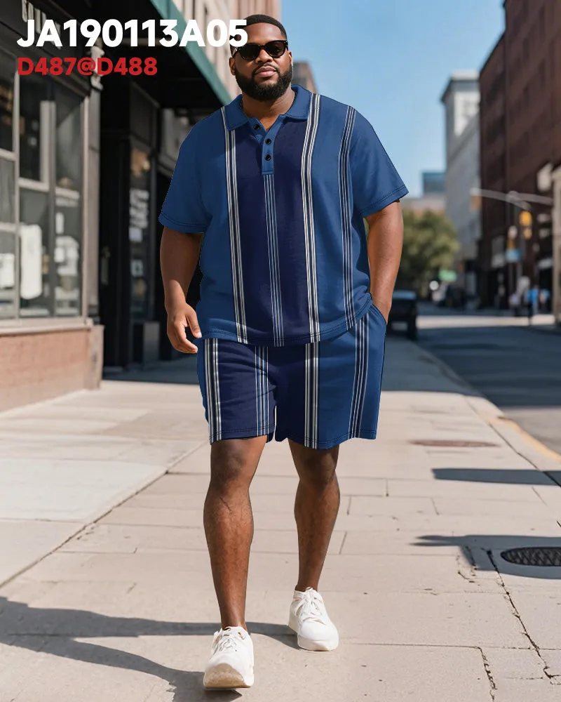 Men's Plus Size Business Blue Stripe Print Short Sleeve Polo Shirt Shorts Suit sold by Biggmans product image thumbnail 2