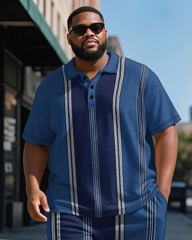 Men's Plus Size Business Blue Stripe Print Short Sleeve Polo Shirt Shorts Suit sold by Biggmans product image thumbnail 3