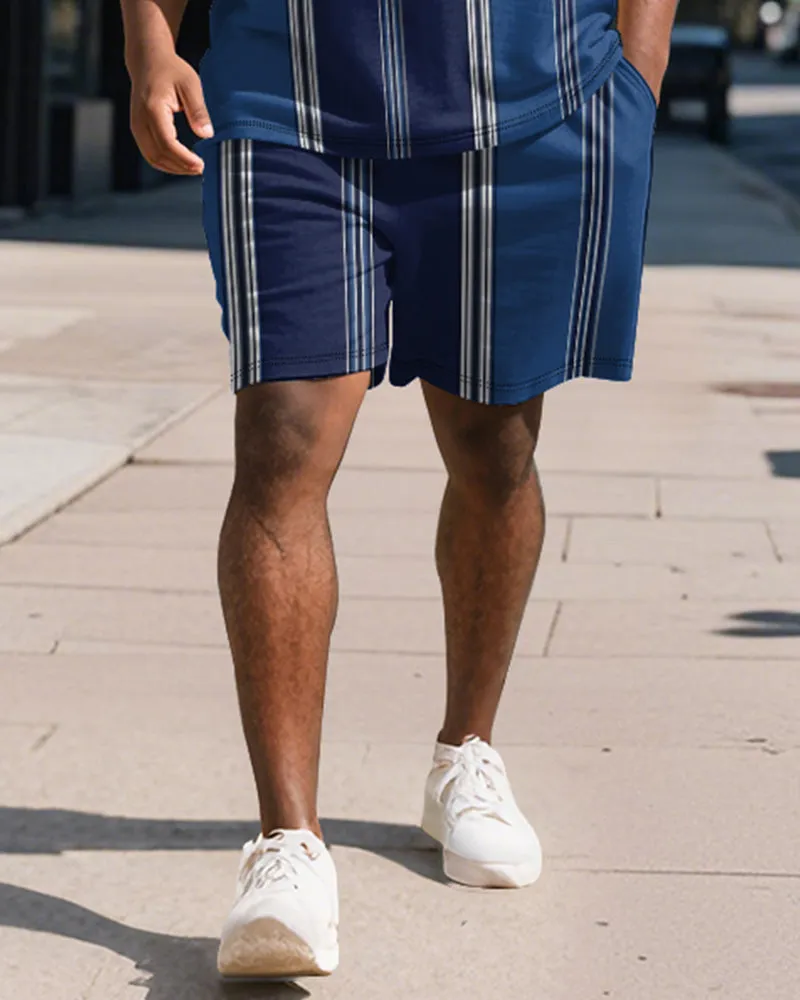 Men's Plus Size Business Blue Stripe Print Short Sleeve Polo Shirt Shorts Suit sold by Biggmans product image thumbnail 4