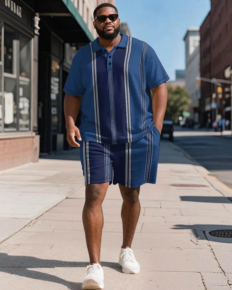 Men's Plus Size Business Blue Stripe Print Short Sleeve Polo Shirt Shorts Suit sold by Biggmans