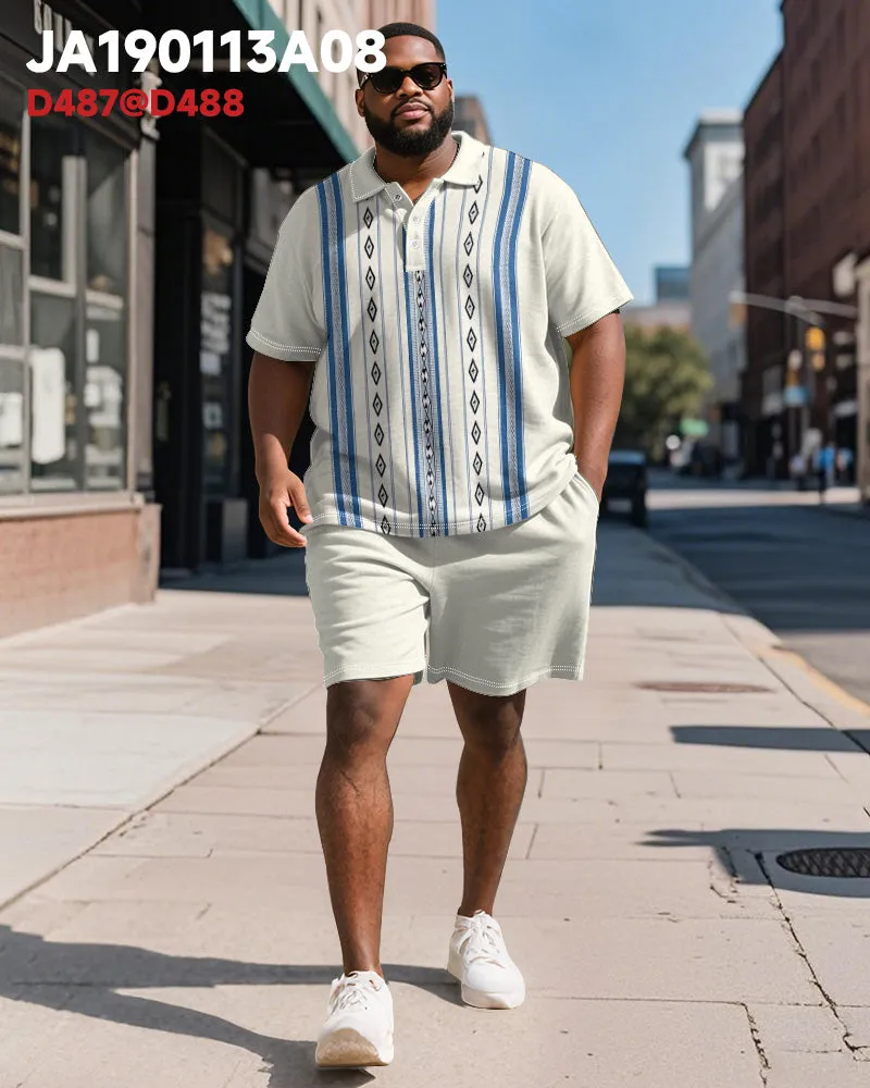 Men's Plus Size Business Apricot Blue Stripe Print Short Sleeve Polo Shirt Shorts Suit sold by Biggmans product image thumbnail 2