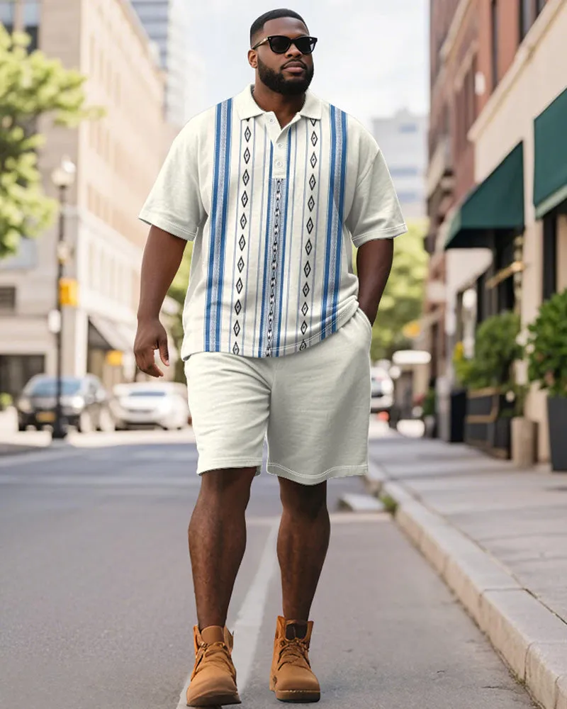 Men's Plus Size Business Apricot Blue Stripe Print Short Sleeve Polo Shirt Shorts Suit sold by Biggmans