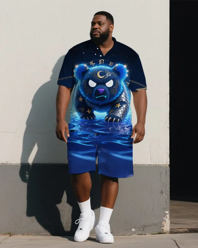 Big Man's Retro Bear in Sea Cartoon Printed 2-Piece Short-Sleeve Polo Shirt & Shorts Set sold by Biggmans