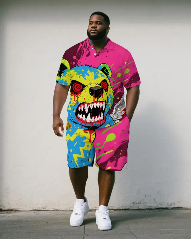 Big & Tall Man's Fierce Cartoon Bear Ink Splash Printed Short-Sleeve Polo Shirt & Shorts Set sold by Biggmans