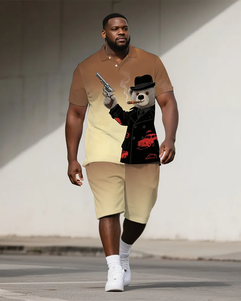 Men's Casual Detective Bear Cartoon Printed Gradient Big Size Short-Sleeve Polo Shirt Shorts Set sold by Biggmans