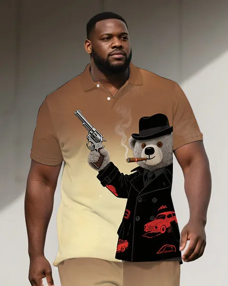 Men's Casual Detective Bear Cartoon Printed Gradient Big Size Short-Sleeve Polo Shirt Shorts Set sold by Biggmans product image thumbnail 2