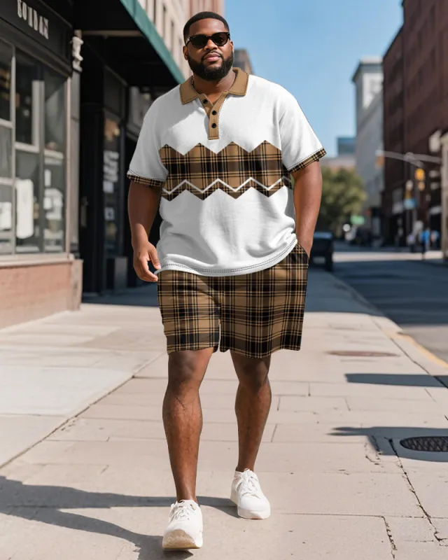 Big & Tall Men's Business Brown Colorblock Check Print Short Sleeve Polo Shirt Shorts Suit sold by Biggmans