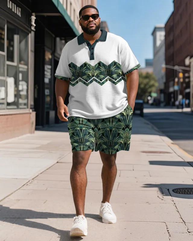 Big & Tall Men's Business Green Colorblock Geometric Print Short Sleeve Polo Shirt Shorts Suit sold by Biggmans