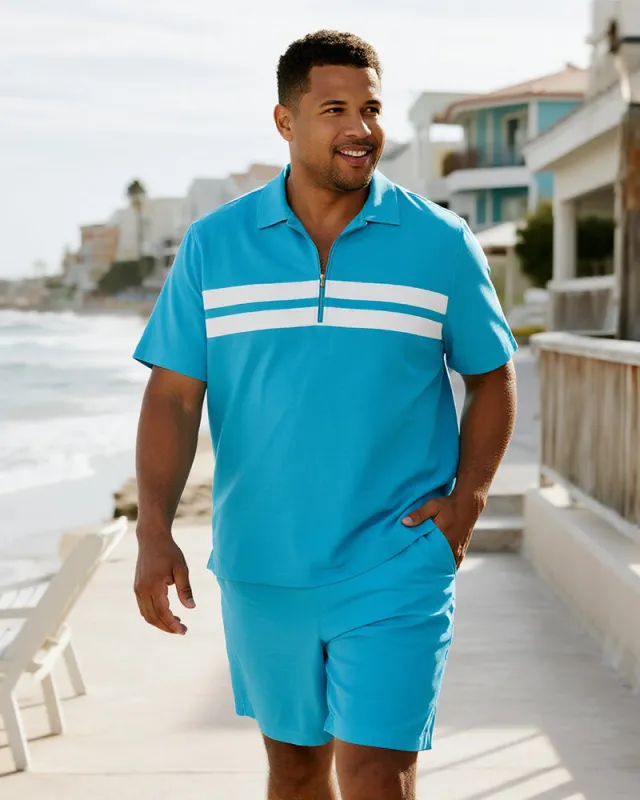 Big & Tall Men's Business Blue Stripe Print Short Sleeve Zip Polo Shirt Shorts Suit sold by Biggmans