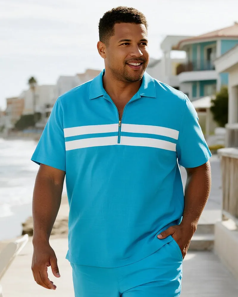 Big & Tall Men's Business Blue Stripe Print Short Sleeve Zip Polo Shirt Shorts Suit sold by Biggmans product image thumbnail 2