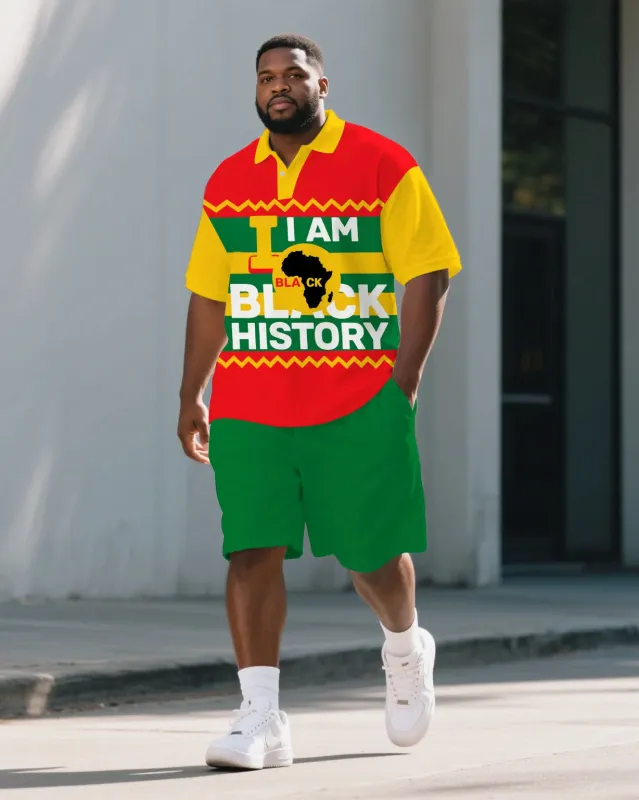 Big Men's Stripe Splicing Style BLACK HISTORY Juneteenth Theme Short Sleeve Polo Shirt Shorts Suit sold by Biggmans