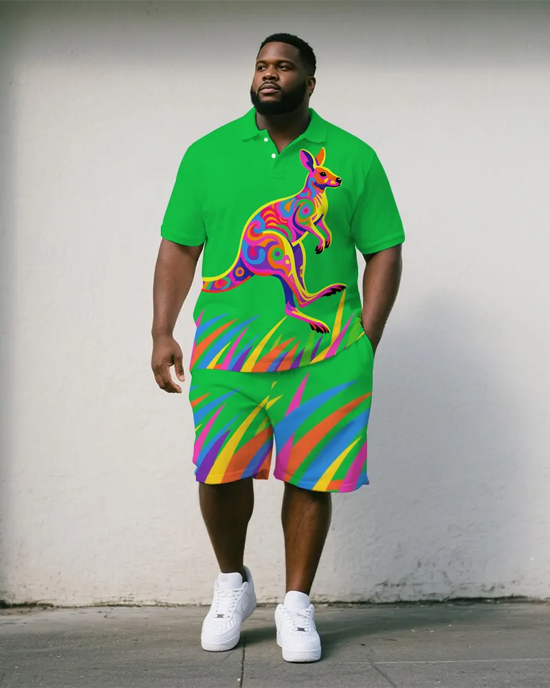 Big Men's Fantasia Kangaroo Cartoon Street Style Casual Short-Sleeve Polo Shirt & Shorts Set sold by Biggmans