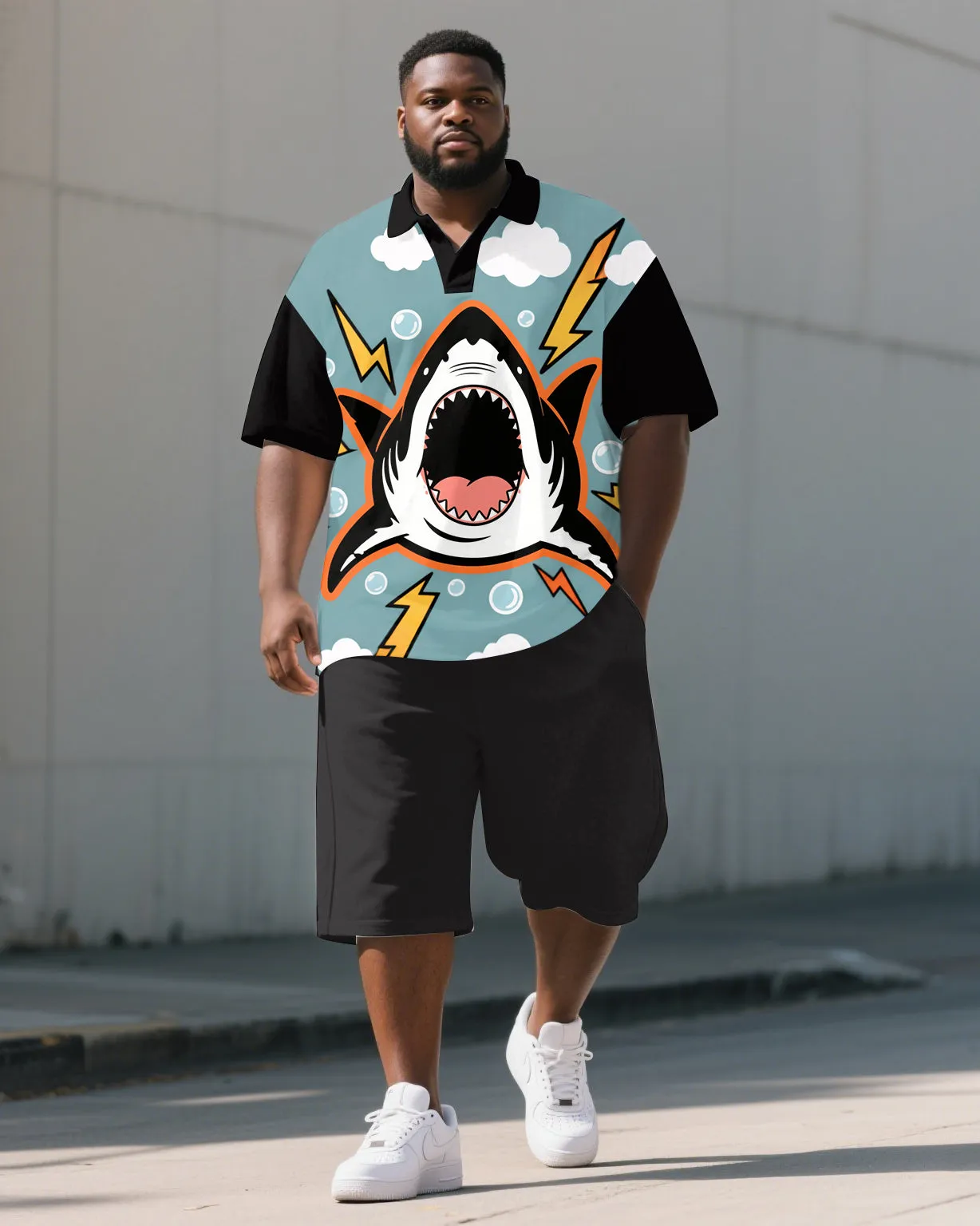 Big and Tall Men's Casual Cute Shark Cartoon Printed Outdoor Short-Sleeve Polo Shirt & Shorts Set sold by Biggmans