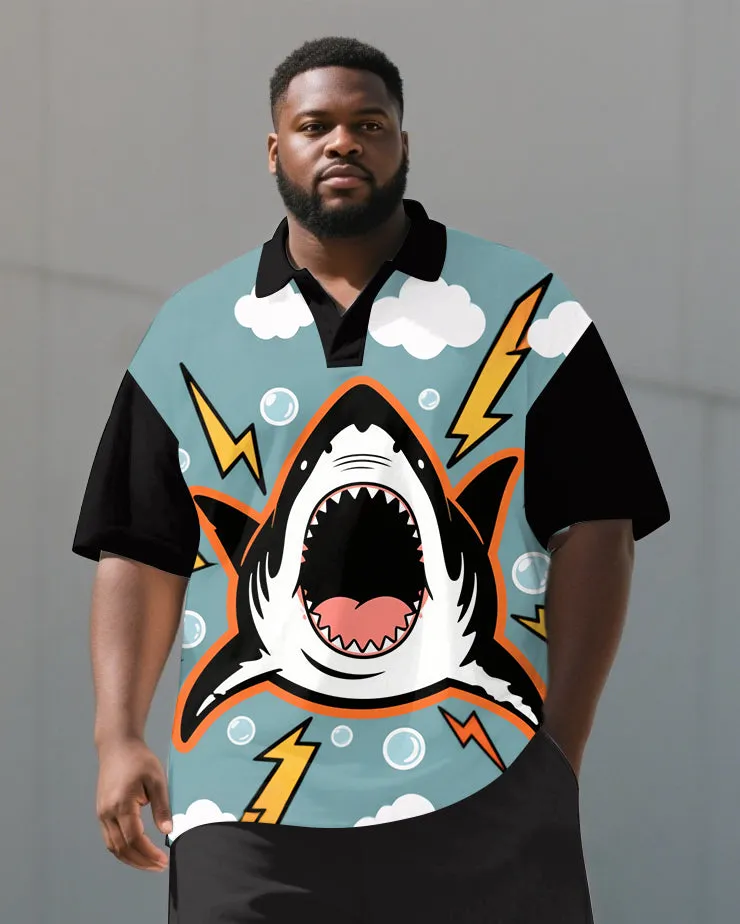Big and Tall Men's Casual Cute Shark Cartoon Printed Outdoor Short-Sleeve Polo Shirt & Shorts Set sold by Biggmans product image thumbnail 2