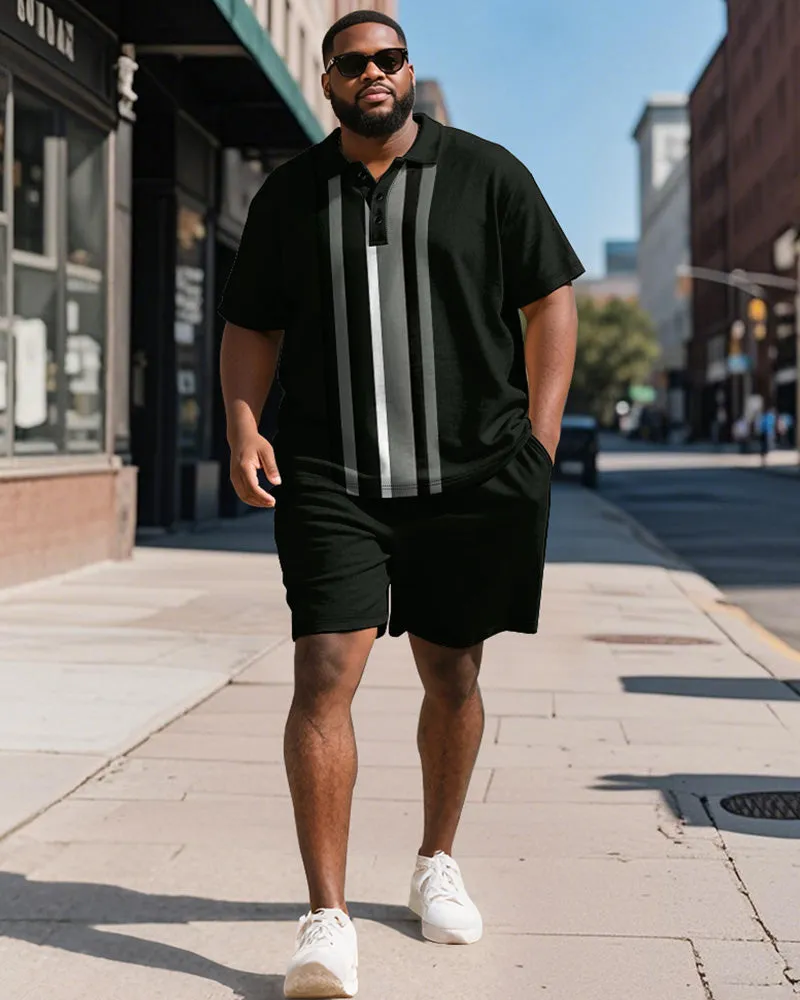 Men's Plus Size Business Black Stripe Print Short Sleeve Polo Shirt Shorts Suit sold by Biggmans