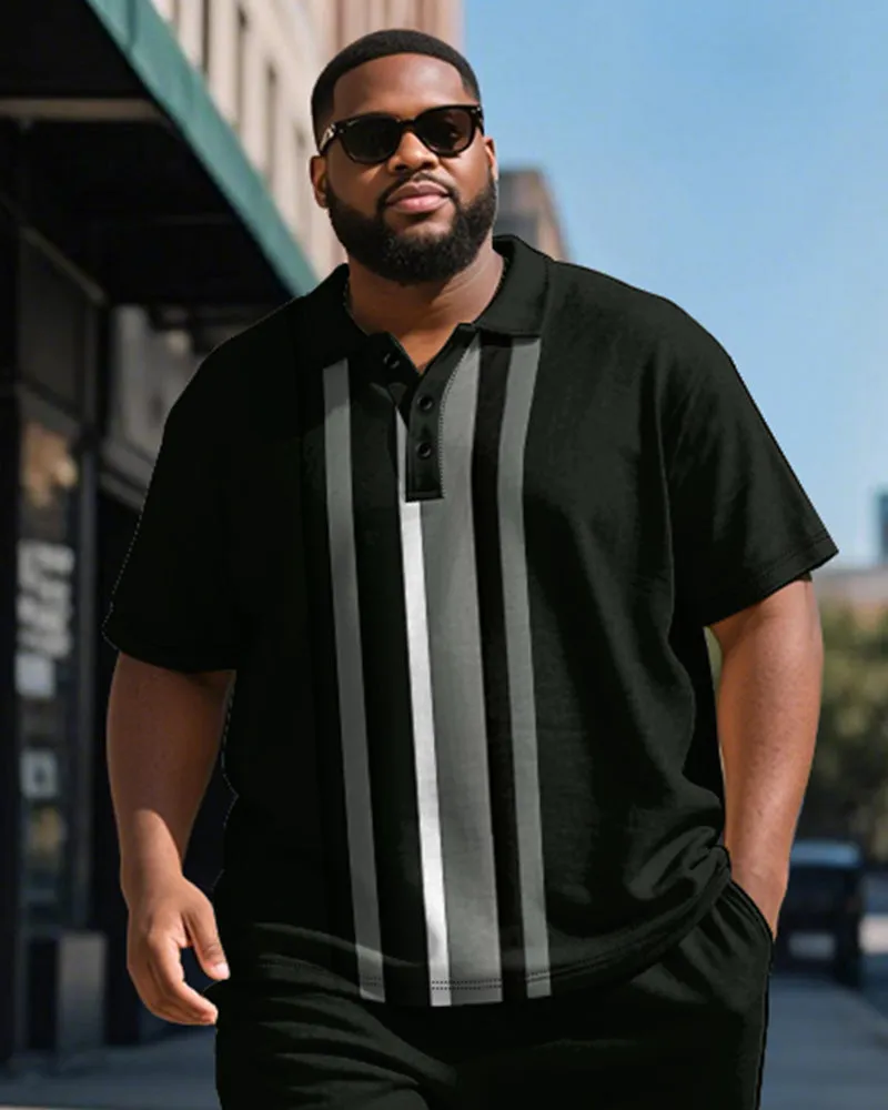 Men's Plus Size Business Black Stripe Print Short Sleeve Polo Shirt Shorts Suit sold by Biggmans product image thumbnail 3