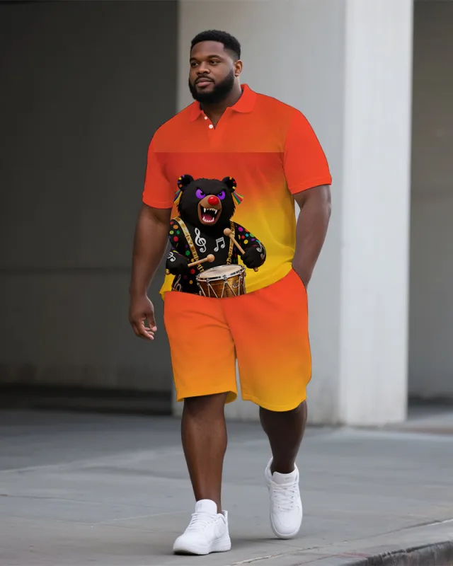 Big Man's Drumming Bear Cartoon Printed Gradient Casual Short-Sleeve Polo Shirt & Shorts Set sold by Biggmans