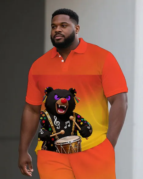 Big Man's Drumming Bear Cartoon Printed Gradient Casual Short-Sleeve Polo Shirt & Shorts Set sold by Biggmans product image thumbnail 2