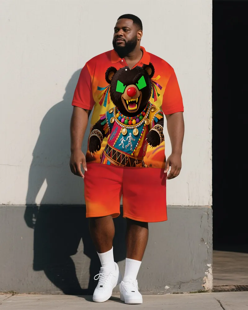 Big Man's Summer Ethical Fun Bear Cartoon Gradient Short-Sleeve Polo Shirt & Shorts Set sold by Biggmans