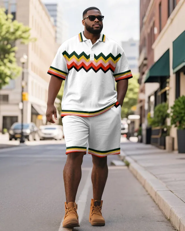 Men's Plus Size Business Wave Geometric Color Block Printed Short Sleeve Polo Shirt Shorts Suit sold by Biggmans