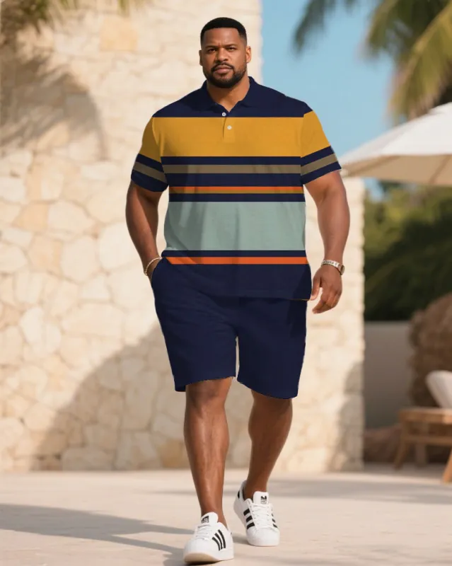 Big & Tall Men's Summer Dark Blue Striped Polo Short Sleeve Shirt Shorts Suit sold by Biggmans