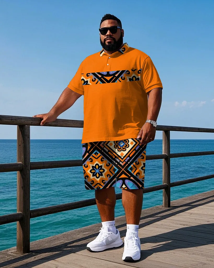 Men's Big & Tall Vintage Style Geometric Pattern Printed Casual Short Sleeve Polo Shirt Shorts Set sold by Biggmans