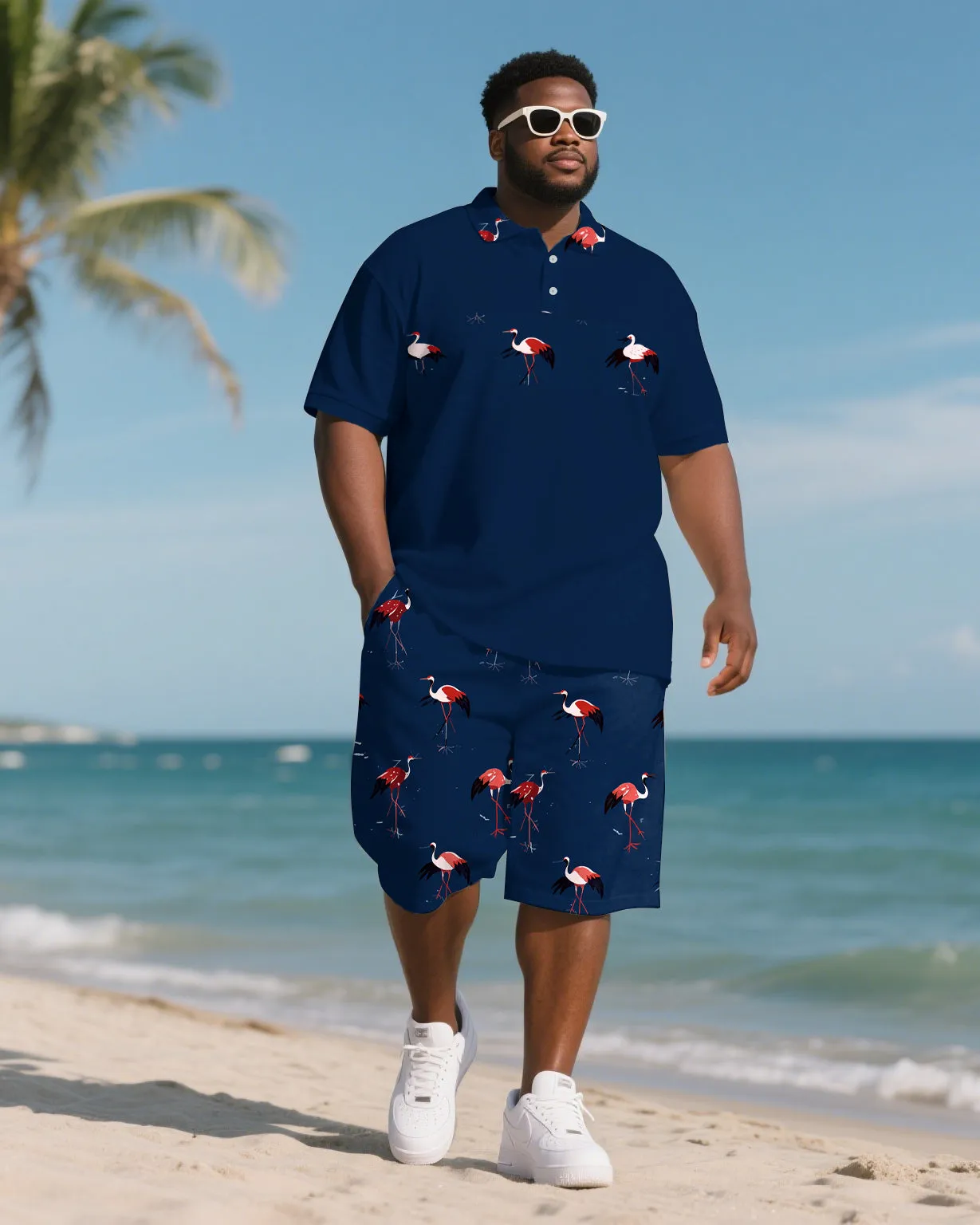 Big Men's Hawaiian Theme Funny Crane Style Short Sleeve Polo Shirt 2-piece Short Set sold by Biggmans