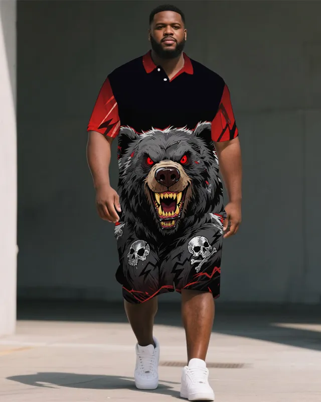 Men's Dark Style Skull and Bear Cartoon Printed Big Size Short-Sleeve Polo Shirt Shorts Set sold by Biggmans