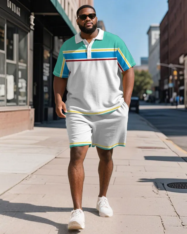 Men's Plus Size Business Green Colorblock Striped Print Short Sleeve Polo Shirt Shorts Suit sold by Biggmans