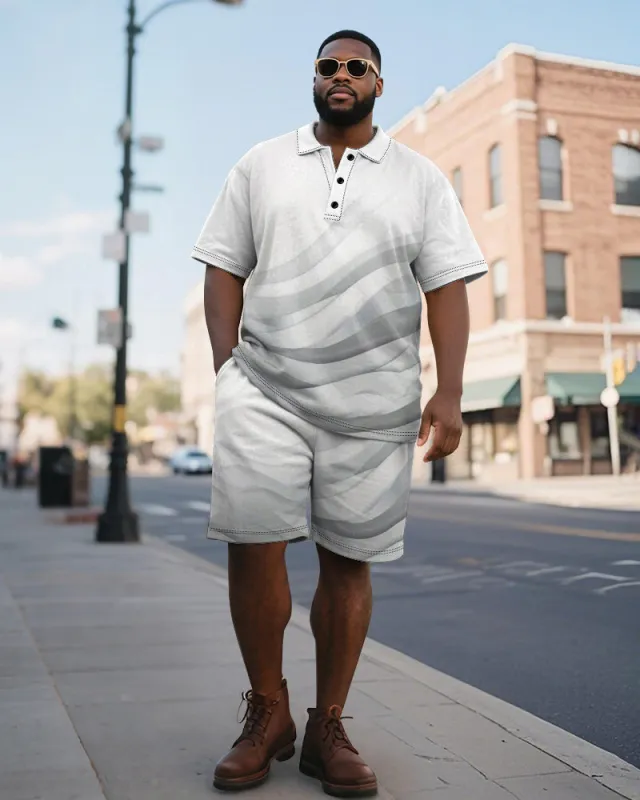 Big & Tall Men's Business Light Gray Line Gradient Print Short-sleeved Polo Shirt Shorts Suit sold by Biggmans