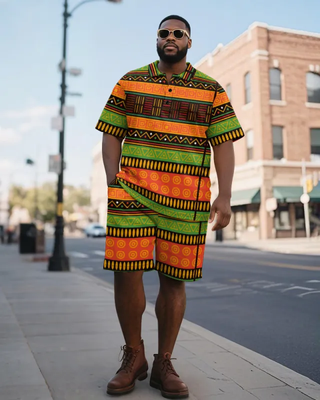 Big & Tall Men's Business Green Orange Colorblock Geometric Print Short Sleeve Polo Shirt Shorts Suit sold by Biggmans