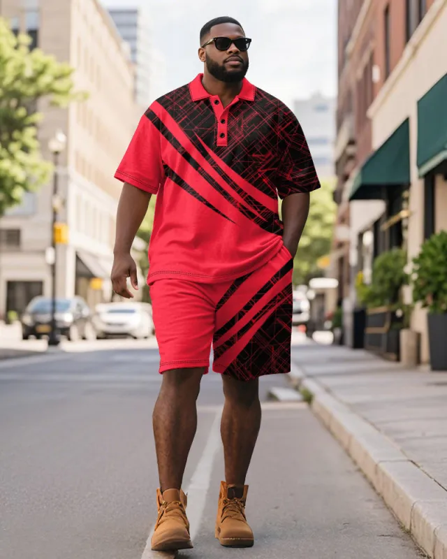 Big & Tall Men's Business Black And Red Color Block Geometric Print Short Sleeve Polo Shirt Shorts Suit sold by Biggmans
